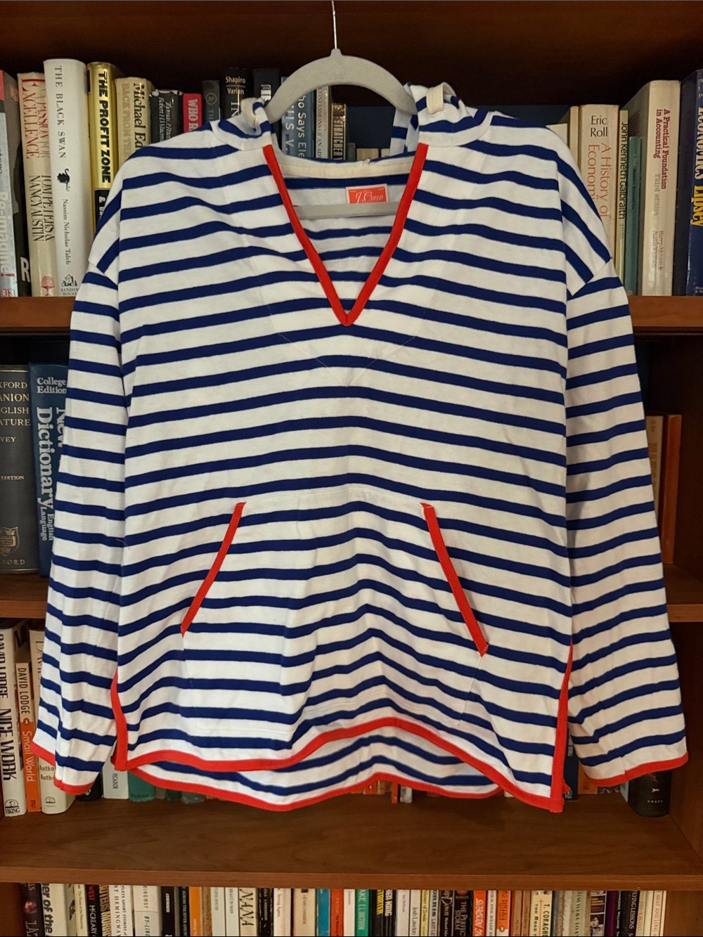 J Crew Striped Hooded Pullover Top - Blue & White with orange Trim